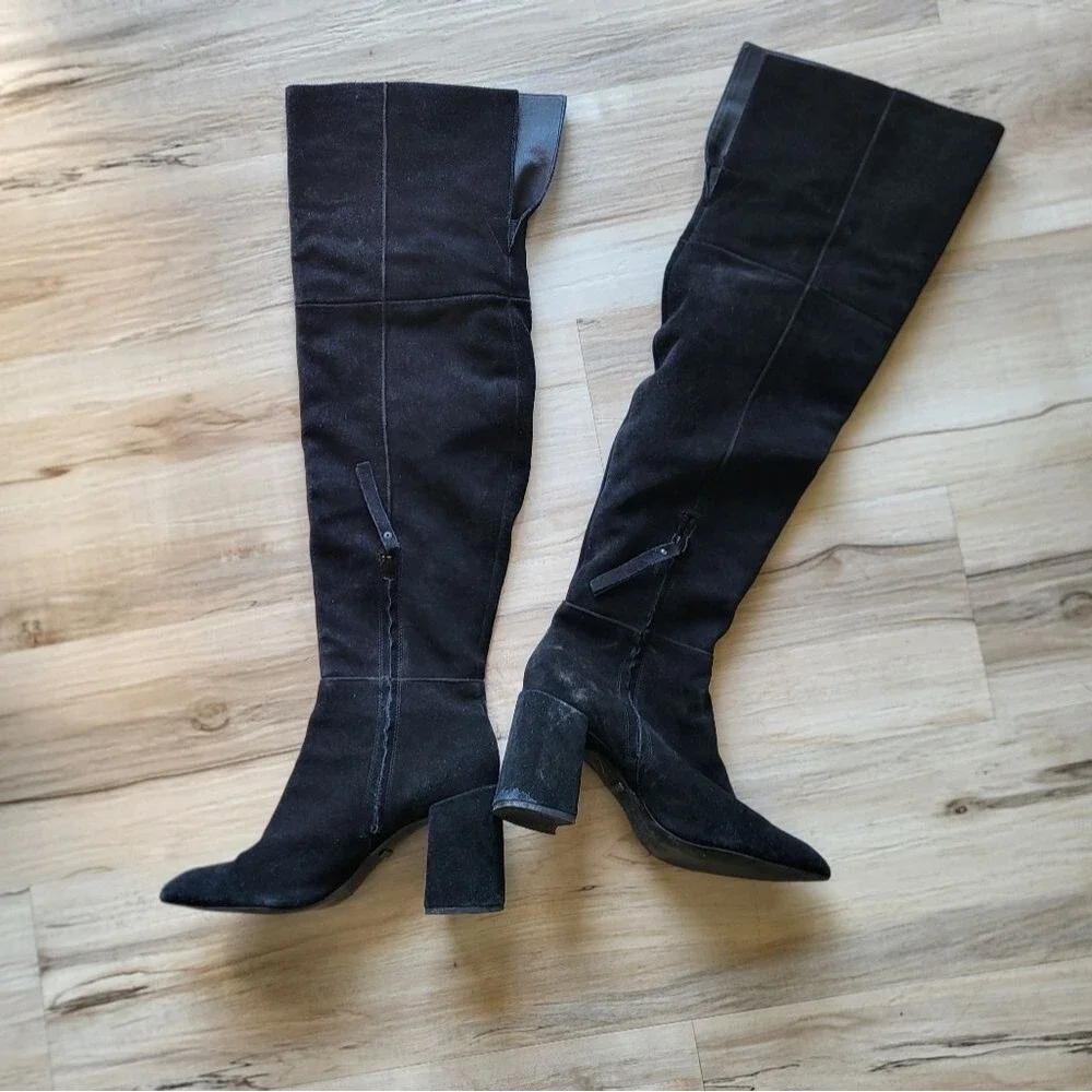 Black Suede Leather Over the Knee Block Heel Boots Sz 38 TopShop